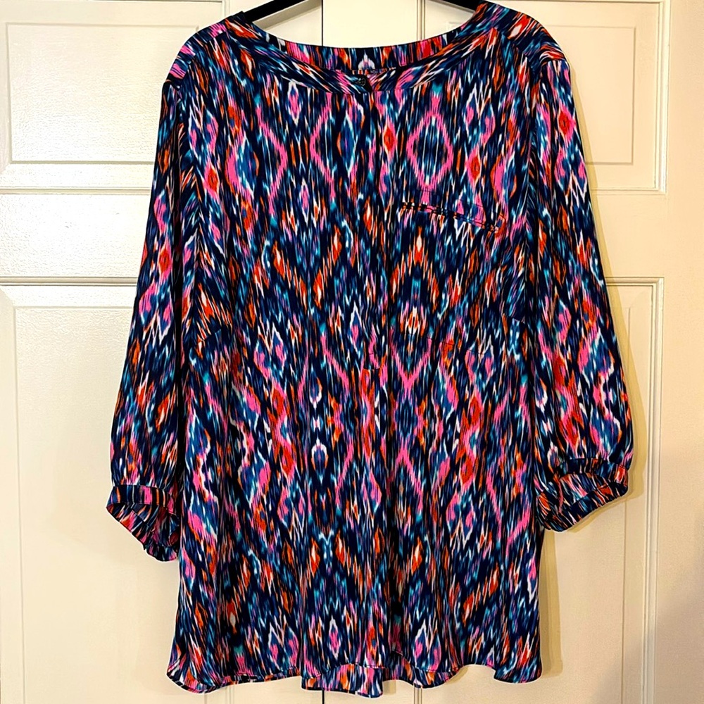 NYDJ, 3X, rayon blouse, flame stitch pattern, orange, pink, white, blue, teal